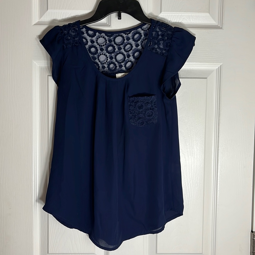 E & M: Navy Polyester Blouse, Back Top, Circle Design, Front Pocket, Sm